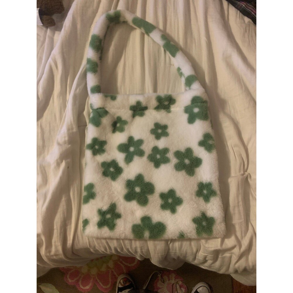 Soft fuzzy floral shoulder bag in white and green